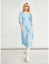 Blue Floral A-Line Midaxi Skater Dress with Ruffles - 1