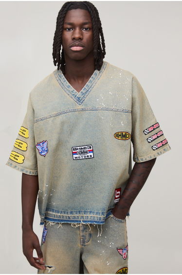 Oversized Washed Moto Badge Denim Hocket T-Shirt - antique blue