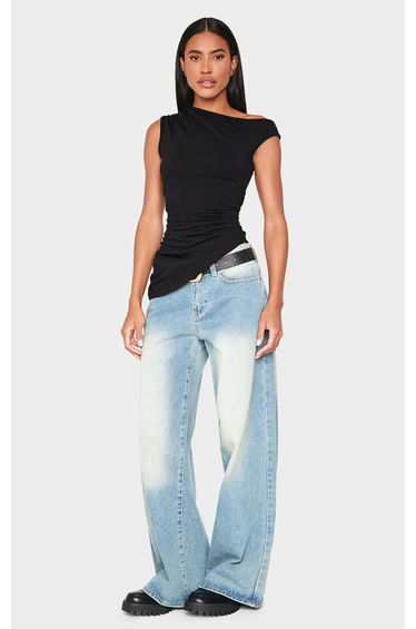 Black Asymmetric Shoulder Ruched Longline Top