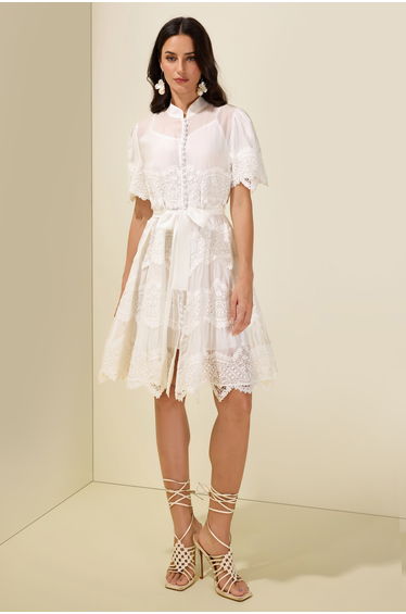 Embrodery Lace Puff Sleeve Belt MIdi Dress
