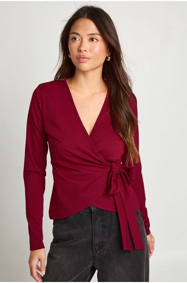 Wrap Front Tie Waist Top - red