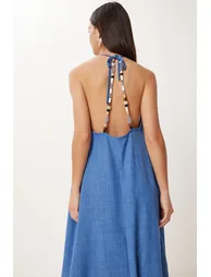 فستان بظهر مكشوف مزين بالخرز لون كحلي - 4