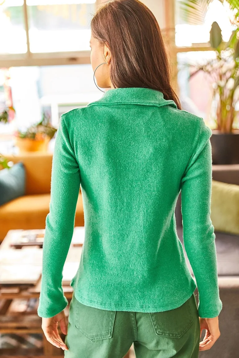 Women's Grass Green Polo Neck Raised Camisole Blouse - 2