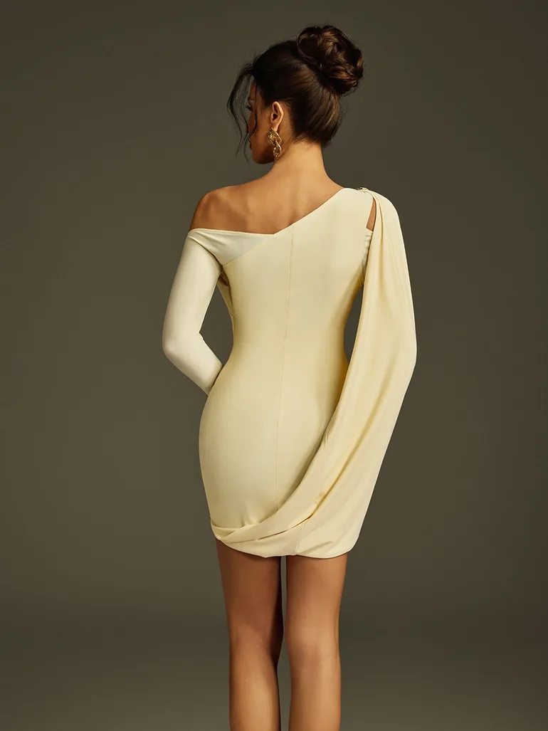 Jehiel One Shoulder Draped Mini Dress In Butter Yellow - 5
