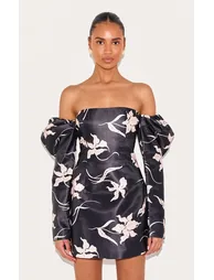 Black Floral Print Oversized Puff Sleeve A Line Shift Dress - 1
