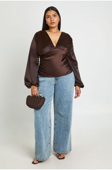 Plus Satin V Neck Balloon Sleeve Top - chocolate