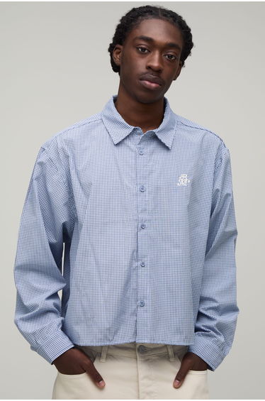Oversized Crop Micro Check Long Sleeve Shirt - light blue