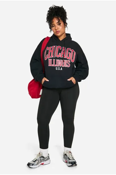 Plus Chicago Oversized Graphic Hoodie - black