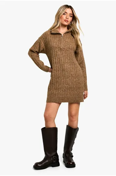 Soft Knit Thick Rib Zip Neck Oversize Mini Dress - camel