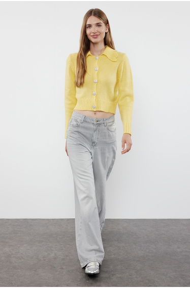 Yellow Crop Soft Textured Jewel Buttoned Knitwear Cardigan