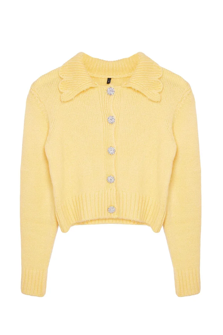 Yellow Crop Soft Textured Jewel Buttoned Knitwear Cardigan - 4