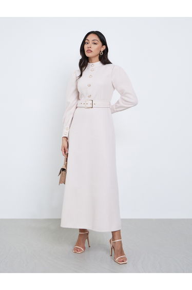 Beige Long Sleeve Belted A-Line Maxi Dress