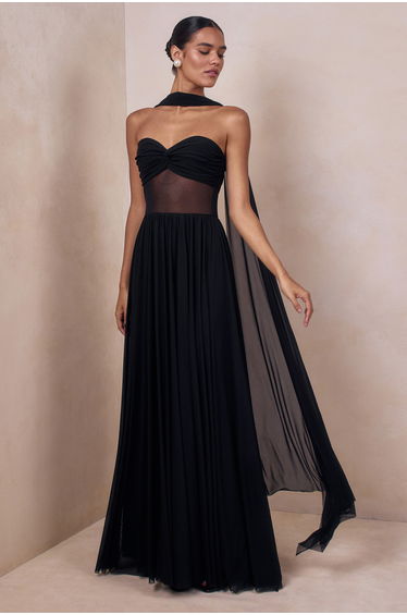 Lyvoria | Black Bandeau Maxi Dress With Mesh-Detail And Scarf