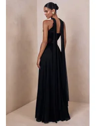 Lyvoria | Black Bandeau Maxi Dress With Mesh-Detail And Scarf - 1