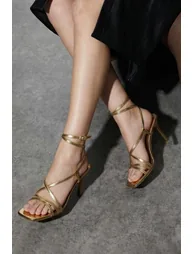 Gold Lace-Up Women's Heeled Sandals - 2