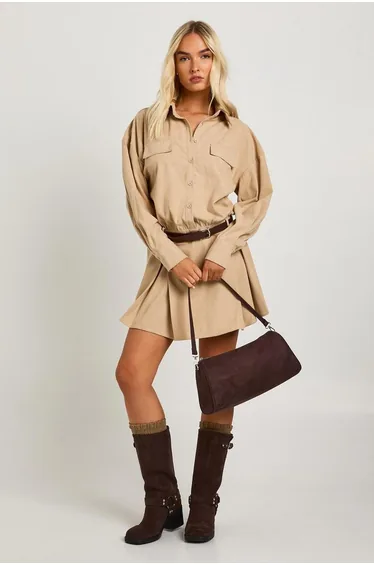 فستان قميص كوردروي قصير بأكمام بلوسون - بيج