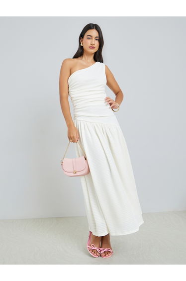 Off-White Ruched One Shoulder A-Line Maxi Dress