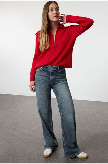 Red Wool Wide Pattern Turn-down Collar Zippered Knitwear Sweater