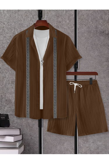 Men Brown Jacquard Detail Short Sleeve Button Front Shirt and Shorts Co-Ords