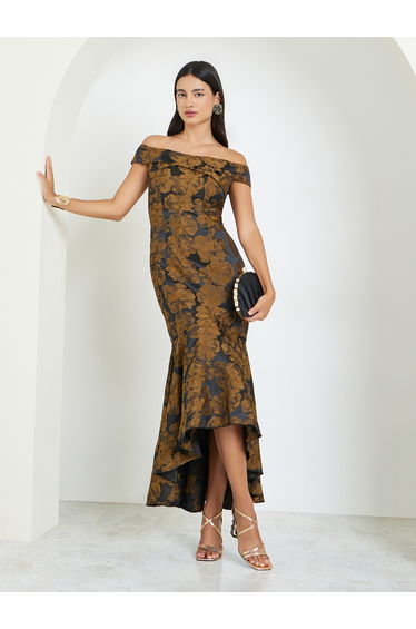 Black Jacquard Off Shoulder Mermaid Hem Maxi Dress