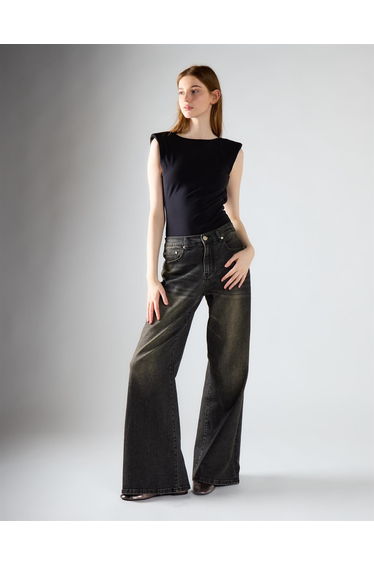 Black Vintage Wash Flared Leg High Rise Jeans