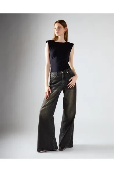 Black Vintage Wash Flared Leg High Rise Jeans