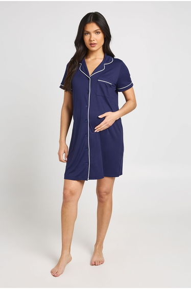 Maternity Piping Detail Short Sleeve Nightie - navy