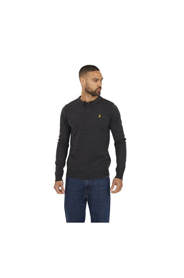 Brave Soul Mens Knitted Ribbed Collar Long-Sleeved Polo Shirt - Dark Charcoal Marl
