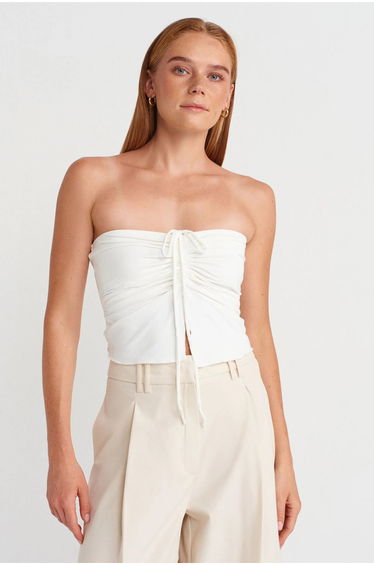 Dilvin Women’s Strapless Crop Blouse With Tie Detail