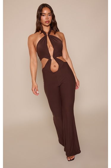 Chocolate Soft Touch Trim Cut Out Flared Jumpsuit
