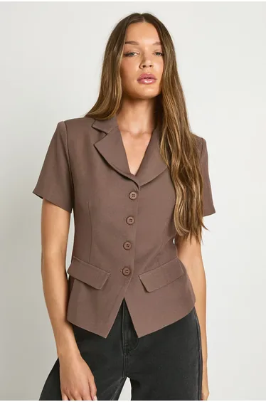 Short Sleeve Tailored Top - taupe