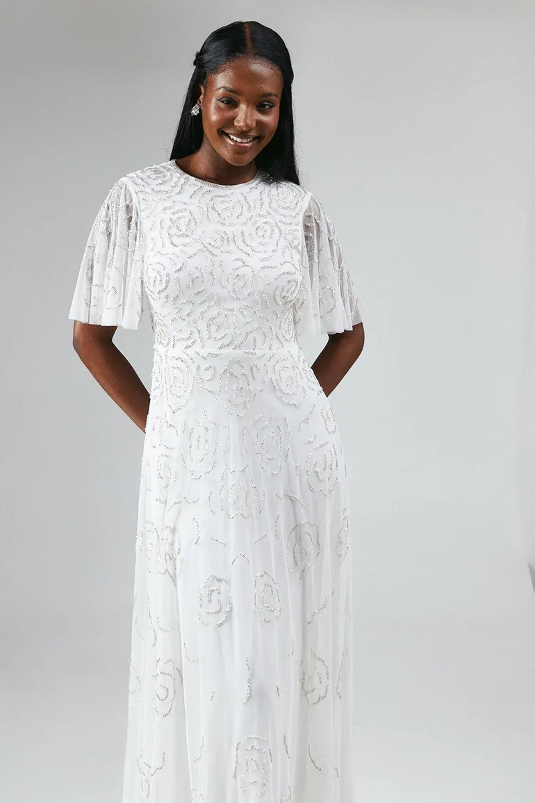 Rose Embroidered Angel Sleeve Wedding Dress - White - 1