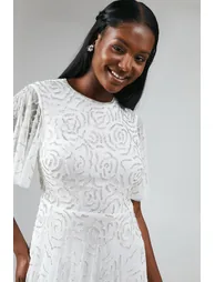 Rose Embroidered Angel Sleeve Wedding Dress - White - 3