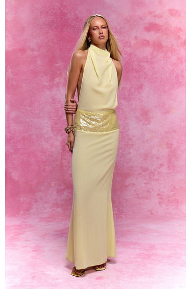 Lemon Chiffon High Neck Cowl Sequin Panel Maxi Dress
