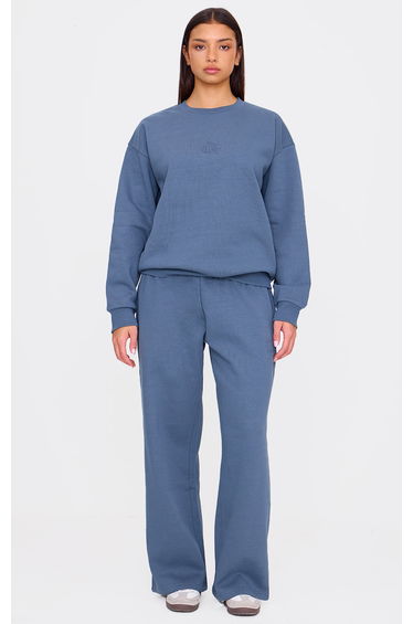 PRETTYLITTLETHING Washed Blue Premium Embossed Wide Leg Joggers