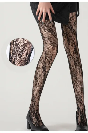 French-Vintage Floral Lace Tights in Black