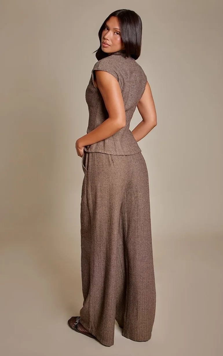 Brown Herringbone Tailored Wide Leg Trousers - 2