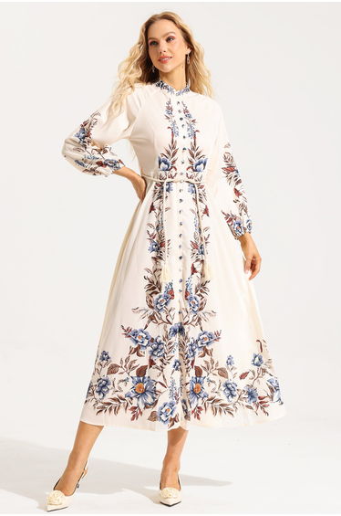 Floral Lantern Sleeve Stand Collar Lace Up Midi Dress