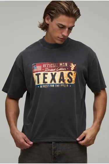Oversized Boxy Texas License Plate Washed T-Shirt - washed black