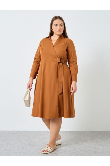Plus Size Cotton Wrap Shirt Midi Dress