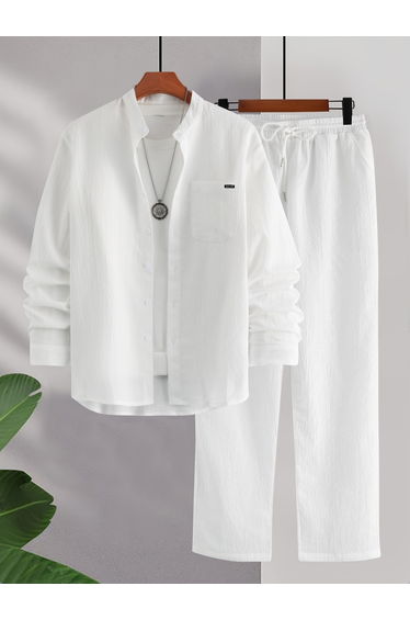 Solid Long Sleeve Shirt and Drawstring Waist Pants Co-Ords