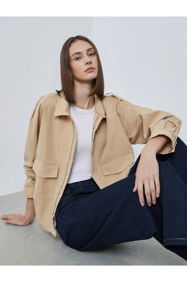 Beige Boxy Fit Utility Jacket with Flap Pocket