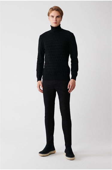 Men's Black Turtleneck Cotton Patterned Knitwear Sweater