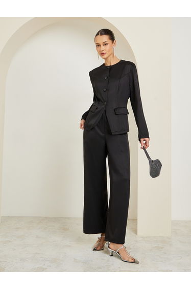 Women Black Blazer and Wide Leg Pants Co-Ords