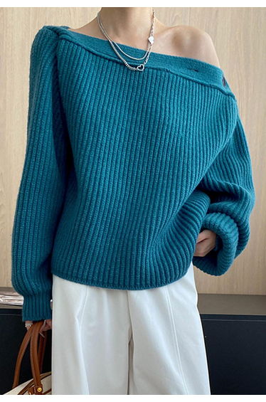 Buttoned Slant-Shoulder Puff Sleeves Chunky Knit Sweater in Indigo