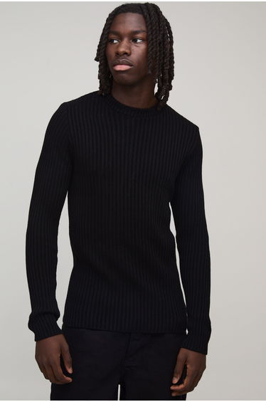 Muscle Fit Ribbed Knitted Jumper - black