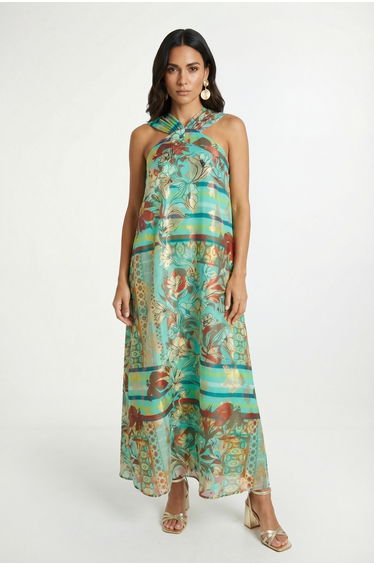 Paisley Metallic Halterneck Maxi Dress
