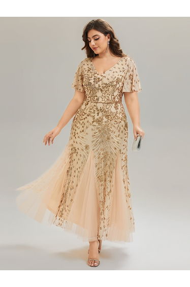 ever ANNIKA| Embroidered Sequin Ruffle Sleeve Evening Dress