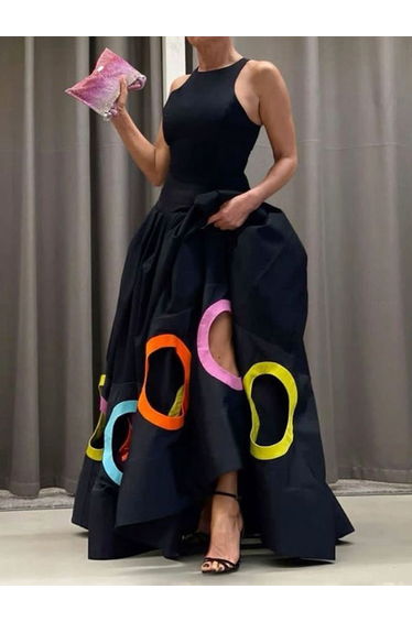 Sleeveless Hollow Pleated Split-Joint Round-neck Maxi Dresses