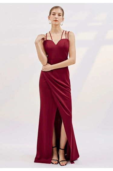 Multiple Straps Ruched Flap Slit Mermaid Gown in Burgundy